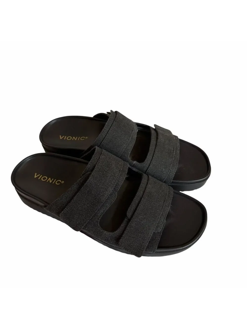 Vionic Riviera Women’s Black Canvas Adjustable Strap Slide Sandals EUC Size 12